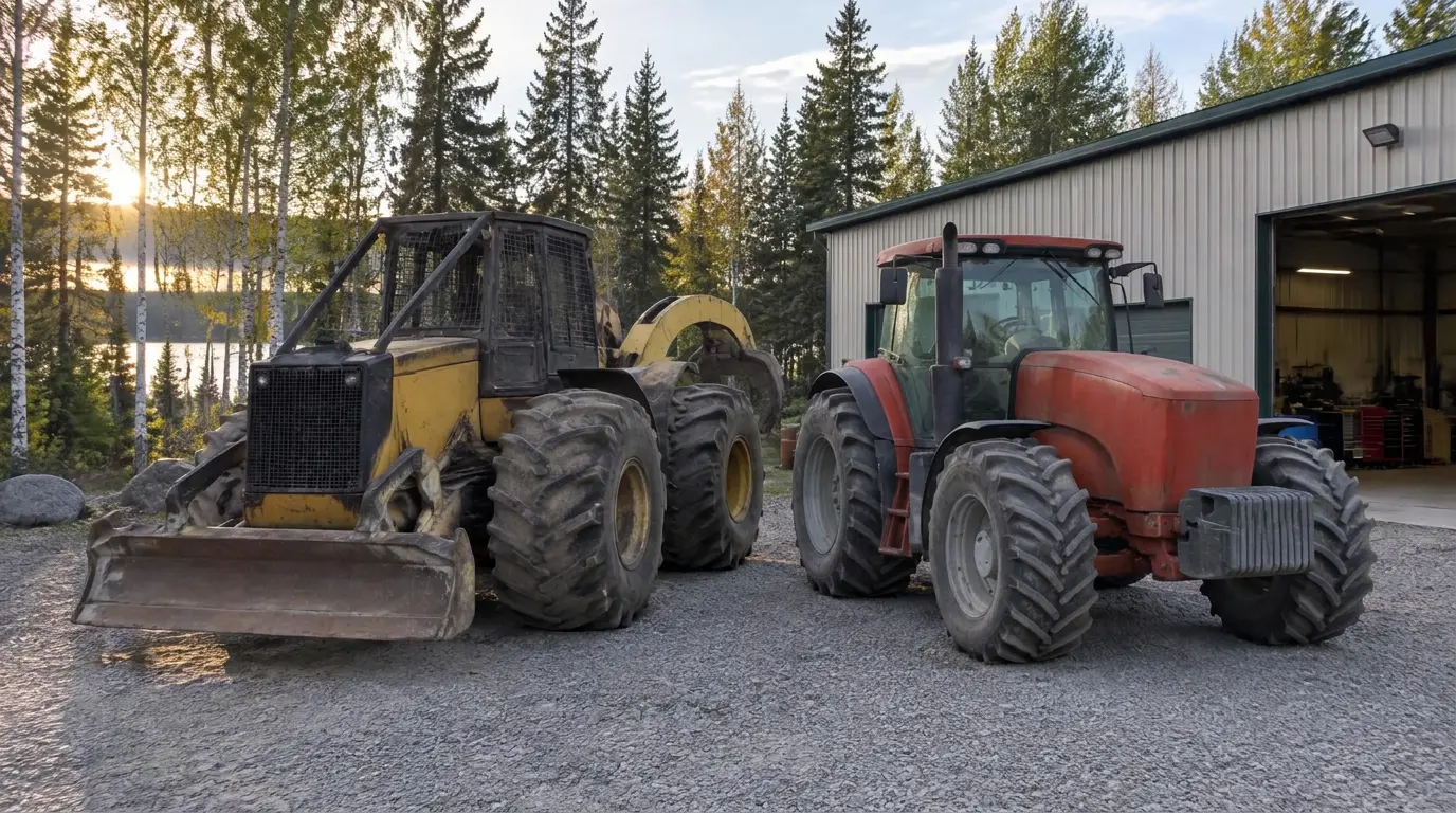 A log skidder and a red tractor parked on gravel outside a metal shop building at sunset
