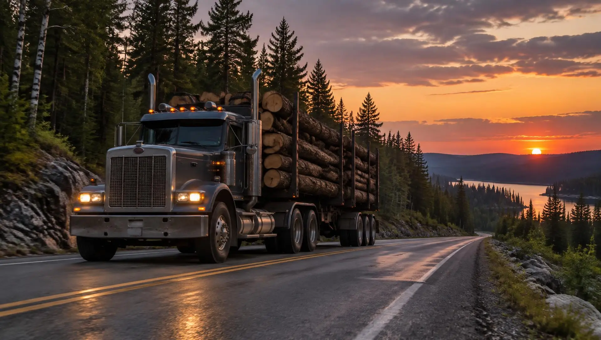 Loaded logging truck on a forest highway at sunset