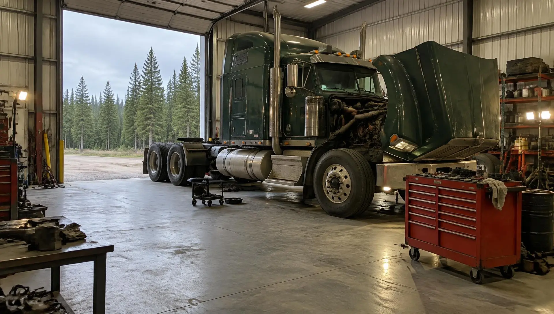 Semi truck with its hood open inside a repair shop, pine trees visible through the open overhead door