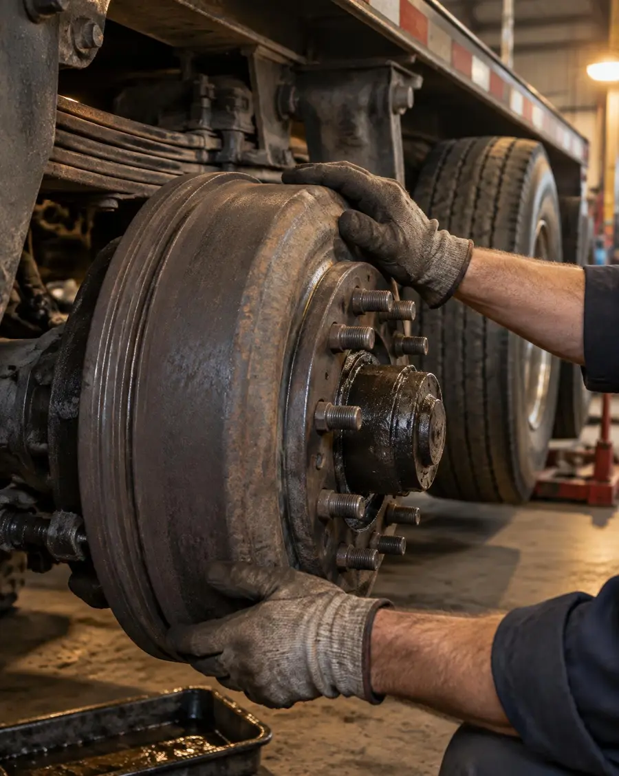 Gloved hands holding the brake drum and wheel hub of a flatbed trailer